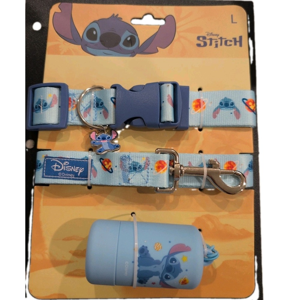 Disney Stitch Dog Leash Plastic Clip Collar and Waste Bag Dispenser Set Blue Lrg
